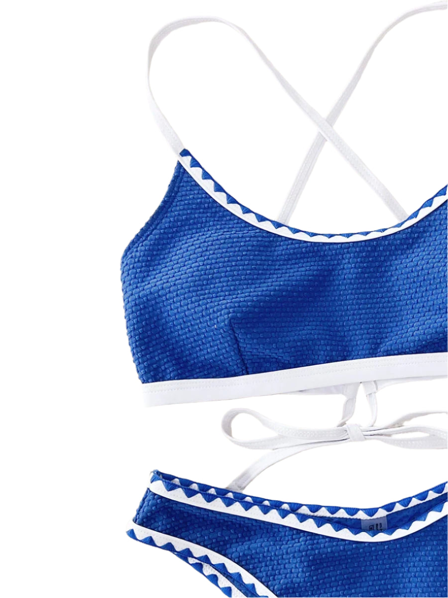 Cross Back Pattern Trim Bikini Set