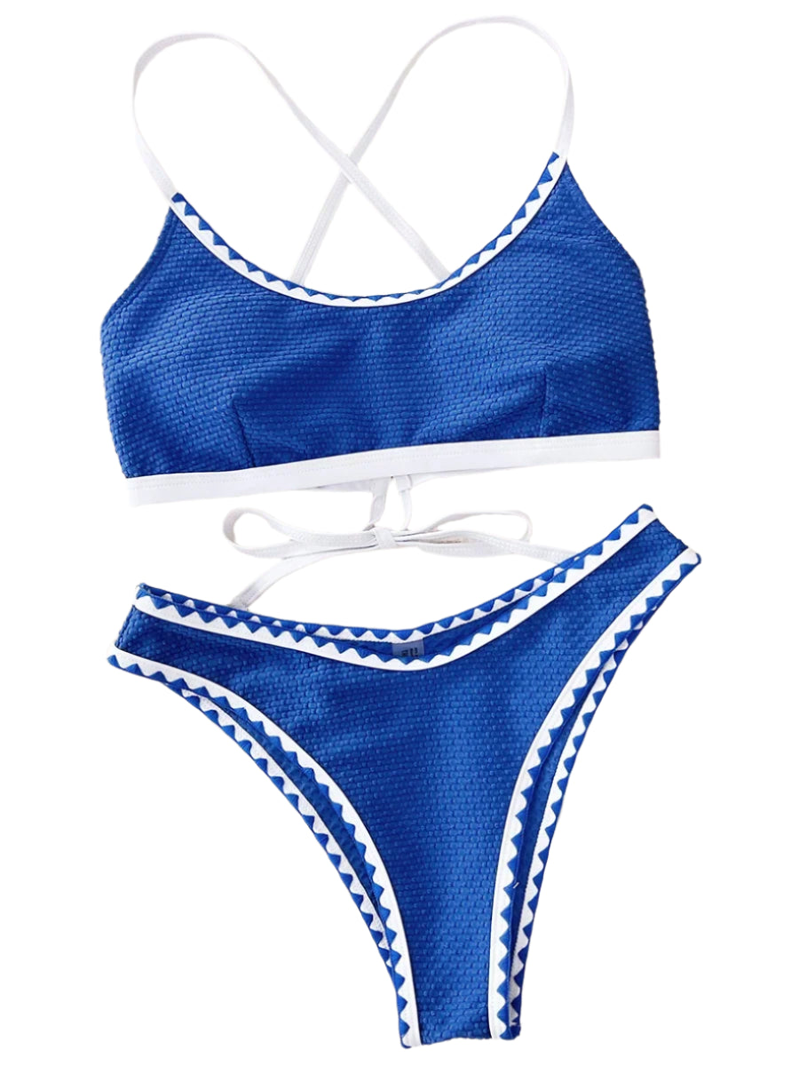 Cross Back Pattern Trim Bikini Set