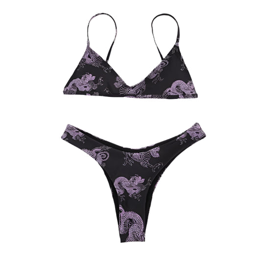 Dragon Print Bikini Set with Beach Top