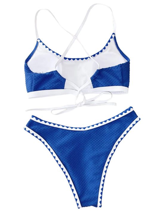 Cross Back Pattern Trim Bikini Set