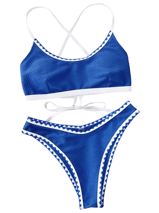 Cross Back Pattern Trim Bikini Set
